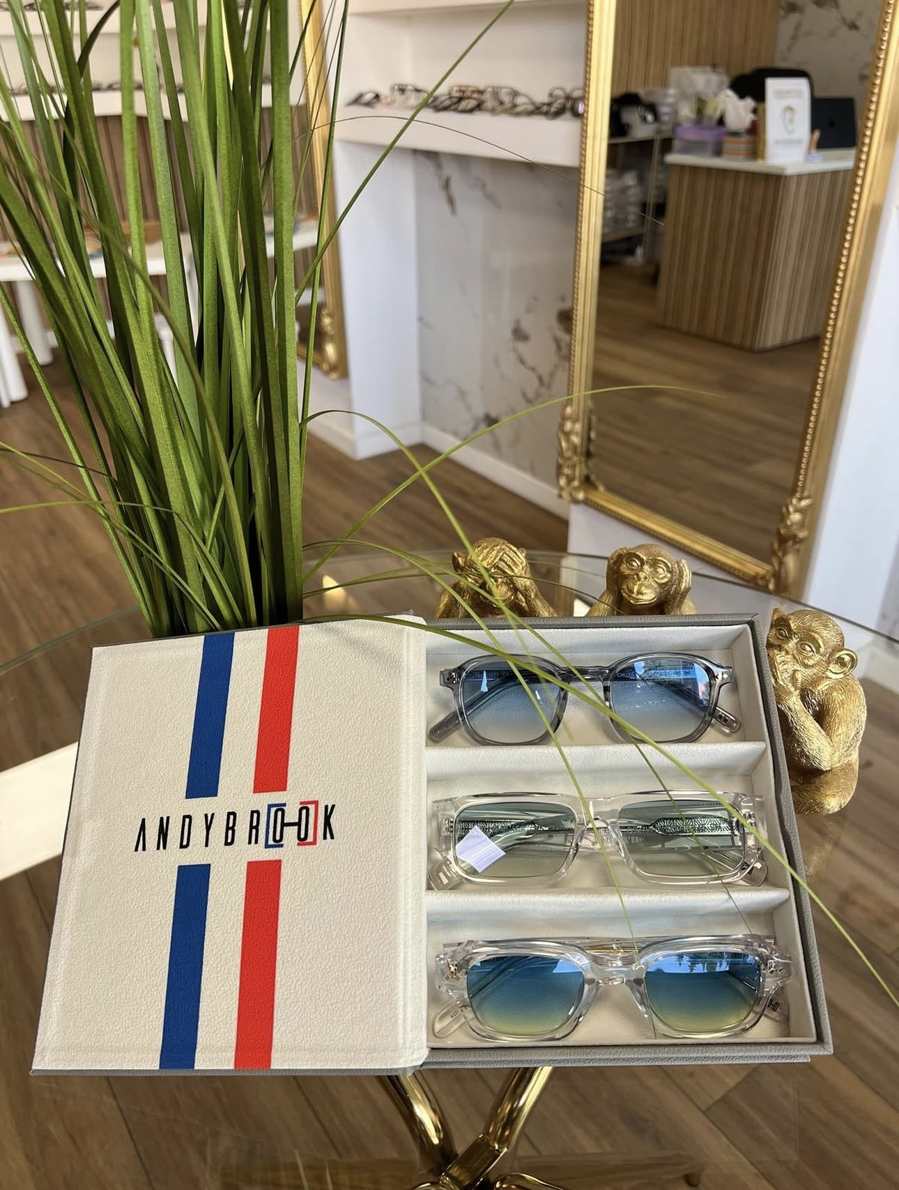 Intérieur de la boutique : présentoir, miroir doré et table de conseil